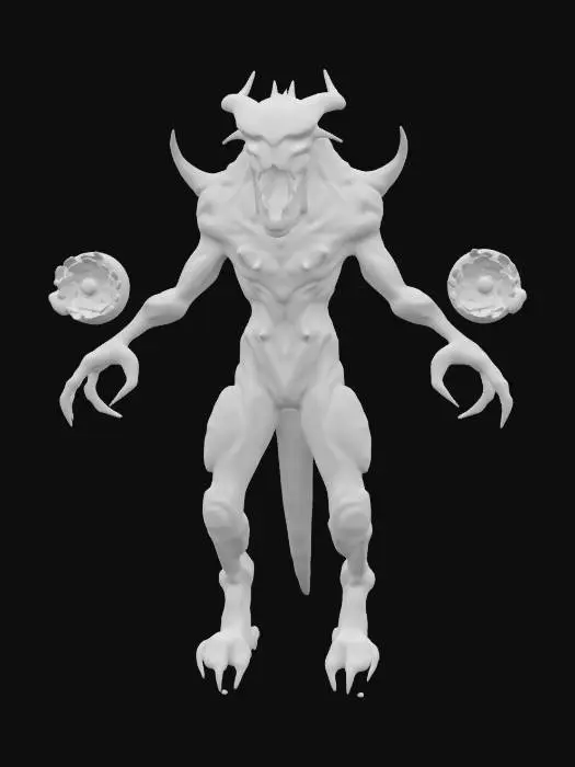 3D model for sci-fi creature from another world with tall body, has multiple limbs and uses all limbs to move, floats in the air, body has graceful shapes and is partially dressed in a special glowing spacesuit, huge jaw in attack, terrifying expression, some limbs hold strange balls, extremely details, high resolution texture, epic stance