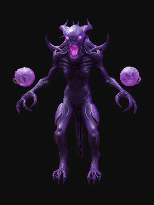 3D model for sci-fi creature from another world with tall body, has multiple limbs and uses all limbs to move, floats in the air, body has graceful shapes and is partially dressed in a special glowing spacesuit, huge jaw in attack, terrifying expression, some limbs hold strange balls, extremely details, high resolution texture, epic stance