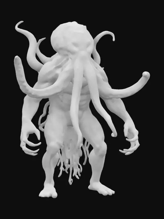 3D model for creature octopus, massive head with tentacles, whole body floating in the air, cyber clothing all over the body, softly glowing, scary face, terrifying mouth, in attack, extremely details, high resolution texture, epic stance