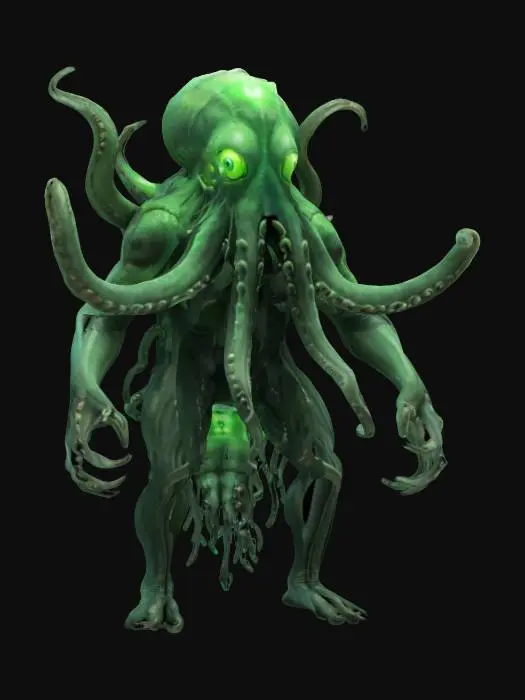 3D model for creature octopus, massive head with tentacles, whole body floating in the air, cyber clothing all over the body, softly glowing, scary face, terrifying mouth, in attack, extremely details, high resolution texture, epic stance