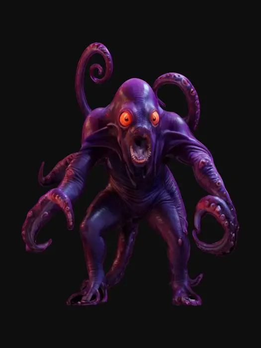 3D model for creature octopus, massive head with tentacles, whole body floating in the air, cyber clothing all over the body, softly glowing, scary face, terrifying mouth, in attack, extremely details, high resolution texture, epic stance