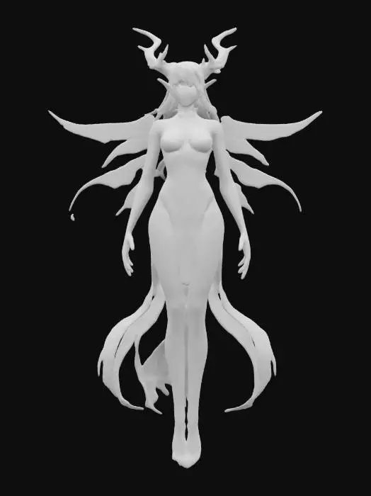 3D model for female supernatural elemental, her entire body levitates in the air and radiates energy, a bright glow comes out from behind her back, her body is vitreously white to alabaster white, nice face, extremely details, high resolution texture, epic stance
