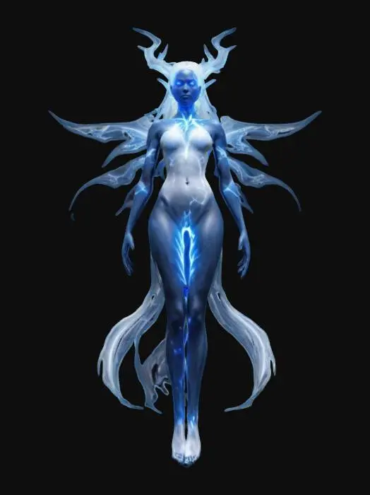3D model for female supernatural elemental, her entire body levitates in the air and radiates energy, a bright glow comes out from behind her back, her body is vitreously white to alabaster white, nice face, extremely details, high resolution texture, epic stance
