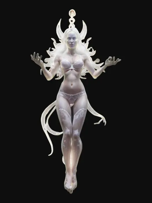 3D model for female supernatural elemental, her entire body levitates in the air and radiates energy, a bright glow comes out from behind her back, her body is vitreously white to alabaster white, nice face, extremely details, high resolution texture, epic stance
