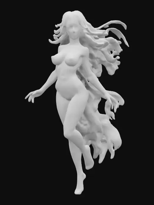 3D model for female supernatural elemental, her entire body levitates in the air and radiates energy, a bright glow comes out from behind her back, her body is vitreously white to alabaster white, nice face, extremely details, high resolution texture, epic stance