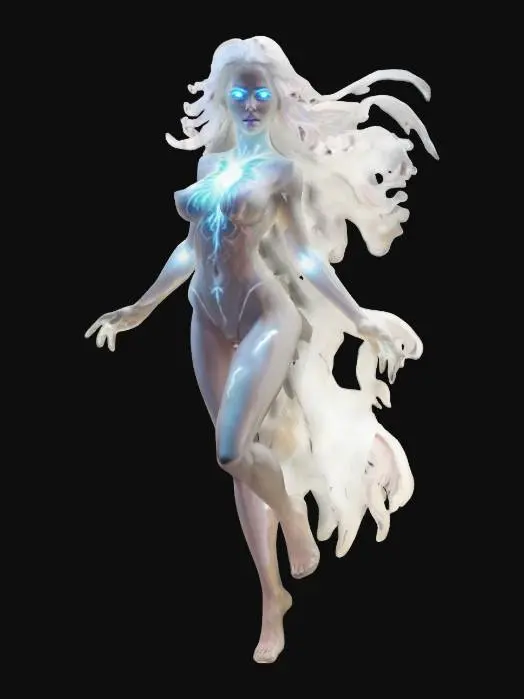 3D model for female supernatural elemental, her entire body levitates in the air and radiates energy, a bright glow comes out from behind her back, her body is vitreously white to alabaster white, nice face, extremely details, high resolution texture, epic stance