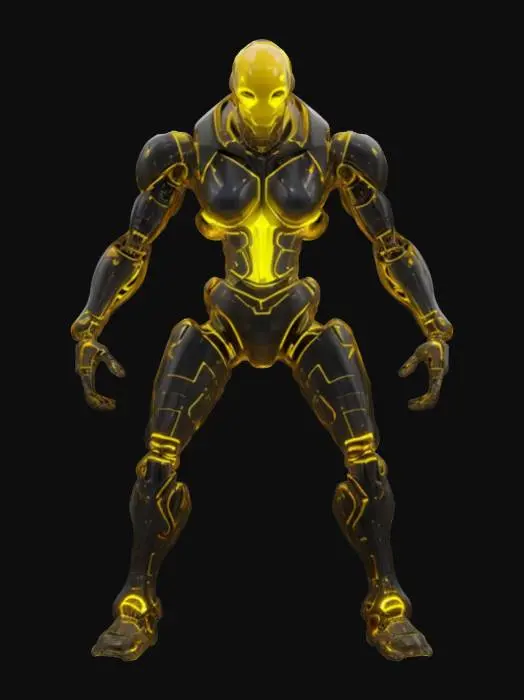 3D model for sci-fi shapeless cyber robotic, warped body, body composed of various technical unequal parts, body covered in glowing lights, on the attack, extremely details, high resolution texture, epic stance