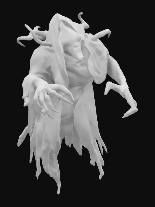 3D model for fantasy dark wraith, body floating in the air and emerging from the darkness, lower body disappearing into the darkness, massive toothy muzzle, massive hands reaching forward, terrifying expression, in an attacking position, extremely details, high resolution texture, epic stance
