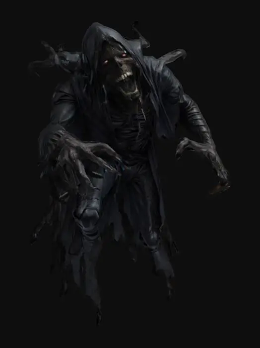 3D model for fantasy dark wraith, body floating in the air and emerging from the darkness, lower body disappearing into the darkness, massive toothy muzzle, massive hands reaching forward, terrifying expression, in an attacking position, extremely details, high resolution texture, epic stance