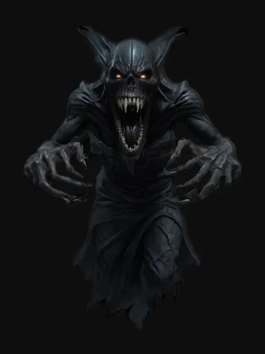 3D model for fantasy dark wraith, body floating in the air and emerging from the darkness, lower body disappearing into the darkness, massive toothy muzzle, massive hands reaching forward, terrifying expression, in an attacking position, extremely details, high resolution texture, epic stance