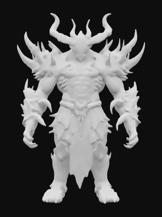 3D model for fantasy chaos boss demon, tall muscular body, body covered in spikes and armor, terrifying face almost inhuman, extremely detailed, high resolution texture, epic stance