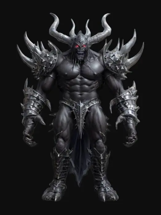 3D model for fantasy chaos boss demon, tall muscular body, body covered in spikes and armor, terrifying face almost inhuman, extremely detailed, high resolution texture, epic stance