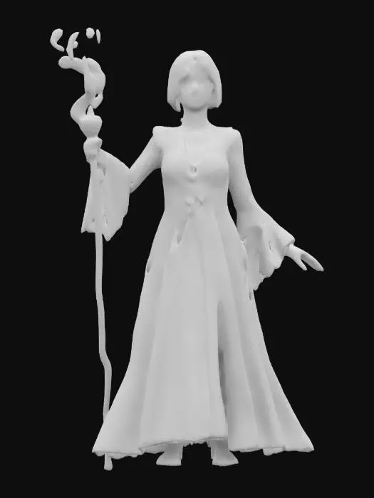 3D model for fantasy female illusionist dark wizard, slim beautiful figure, in action, holding a staff emitting light effects, dark elegant luminous clothing, delicate beautiful face, short groomed hair, extremely details, high resolution texture, epic stance