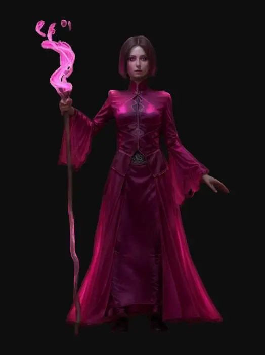 3D model for fantasy female illusionist dark wizard, slim beautiful figure, in action, holding a staff emitting light effects, dark elegant luminous clothing, delicate beautiful face, short groomed hair, extremely details, high resolution texture, epic stance
