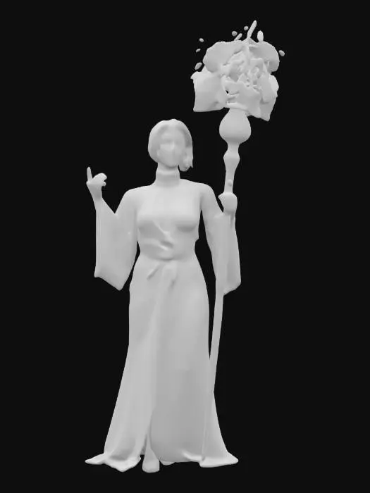 3D model for fantasy female illusionist dark wizard, slim beautiful figure, in action, holding a staff emitting light effects, dark elegant luminous clothing, delicate beautiful face, short groomed hair, extremely details, high resolution texture, epic stance