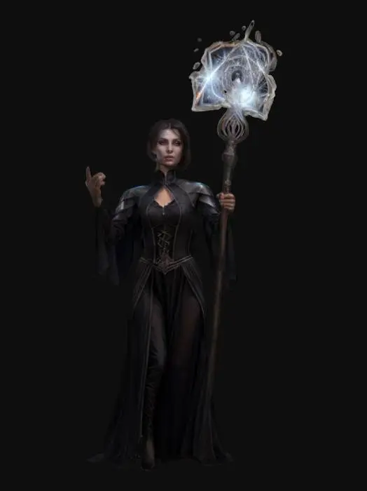 3D model for fantasy female illusionist dark wizard, slim beautiful figure, in action, holding a staff emitting light effects, dark elegant luminous clothing, delicate beautiful face, short groomed hair, extremely details, high resolution texture, epic stance
