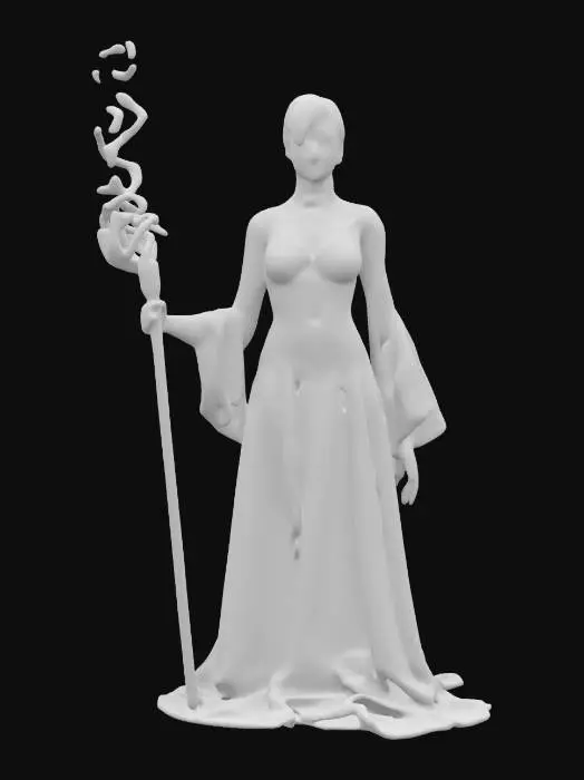3D model for fantasy female illusionist dark wizard, slim beautiful figure, in action, holding a staff emitting light effects, dark elegant luminous clothing, delicate beautiful face, short groomed hair, extremely details, high resolution texture, epic stance