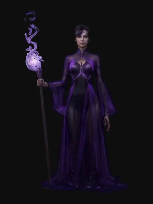 3D model for fantasy female illusionist dark wizard, slim beautiful figure, in action, holding a staff emitting light effects, dark elegant luminous clothing, delicate beautiful face, short groomed hair, extremely details, high resolution texture, epic stance
