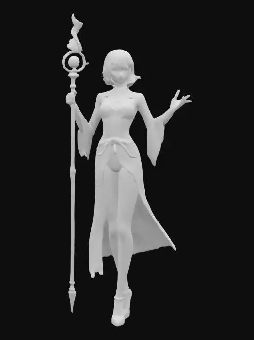 3D model for fantasy female illusionist dark wizard, slim beautiful figure, in action, holding a staff emitting light effects, dark elegant luminous clothing, delicate beautiful face, short groomed hair, extremely details, high resolution texture, epic stance