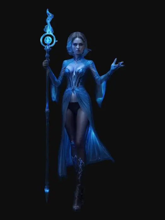 3D model for fantasy female illusionist dark wizard, slim beautiful figure, in action, holding a staff emitting light effects, dark elegant luminous clothing, delicate beautiful face, short groomed hair, extremely details, high resolution texture, epic stance