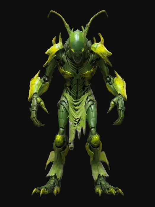 3D model for sci-fi fantasy robotic locust humanoid creature, locust body and humanoid like structure, terrifying expression, in attack, clawed limbs, covered in torn clothes, extremely details, high resolution texture, epic stance