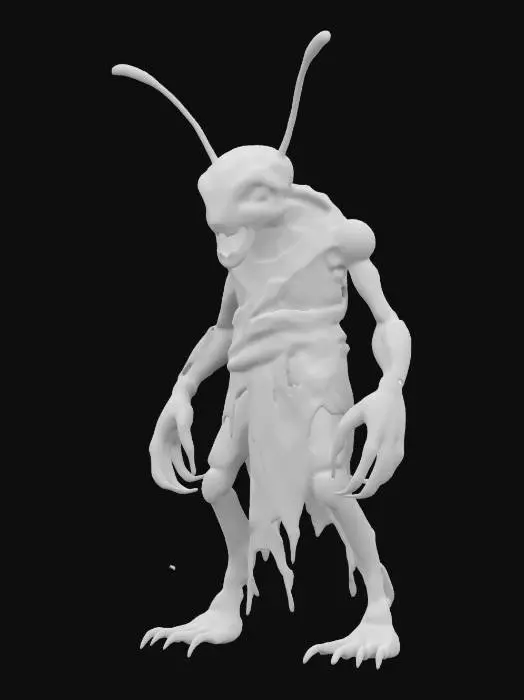 3D model for sci-fi fantasy robotic locust humanoid creature, locust body and humanoid like structure, terrifying expression, in attack, clawed limbs, covered in torn clothes, extremely details, high resolution texture, epic stance