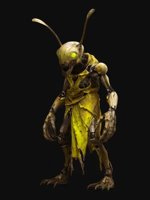 3D model for sci-fi fantasy robotic locust humanoid creature, locust body and humanoid like structure, terrifying expression, in attack, clawed limbs, covered in torn clothes, extremely details, high resolution texture, epic stance