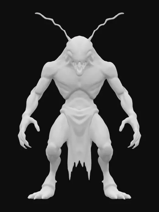 3D model for sci-fi fantasy robotic locust humanoid creature, locust body and humanoid like structure, terrifying expression, in attack, clawed limbs, covered in torn clothes, extremely details, high resolution texture, epic stance