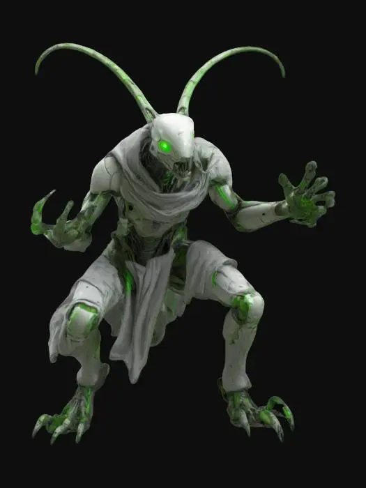 3D model for sci-fi fantasy robotic locust humanoid creature, locust body and humanoid like structure, terrifying expression, in attack, clawed limbs, covered in torn clothes, extremely details, high resolution texture, epic stance