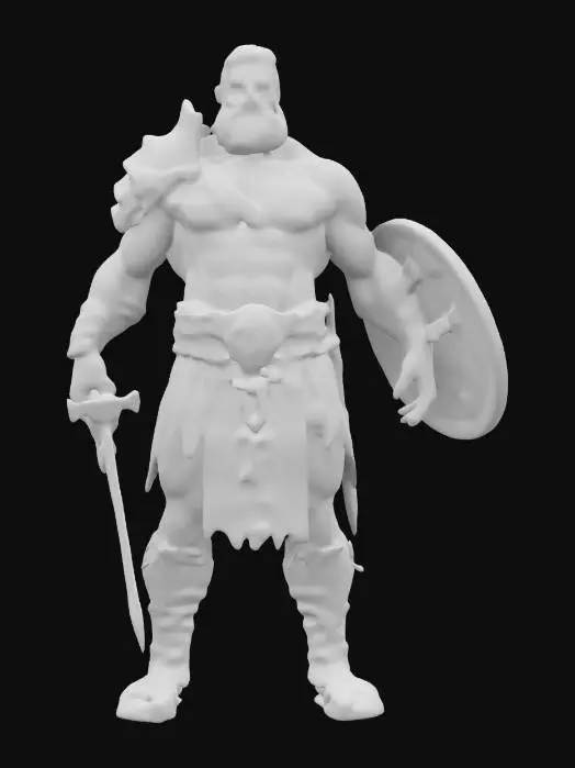 3D model for fantasy ancient Greek demigod warrior, massive muscular body, dressed in a tunic with Greek symbols, weapons in hand (sword and shield or spear), harsh expression on face, action stance, extremely details, high resolution texture, epic picture