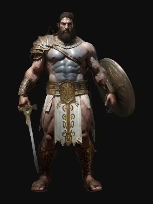 3D model for fantasy ancient Greek demigod warrior, massive muscular body, dressed in a tunic with Greek symbols, weapons in hand (sword and shield or spear), harsh expression on face, action stance, extremely details, high resolution texture, epic picture