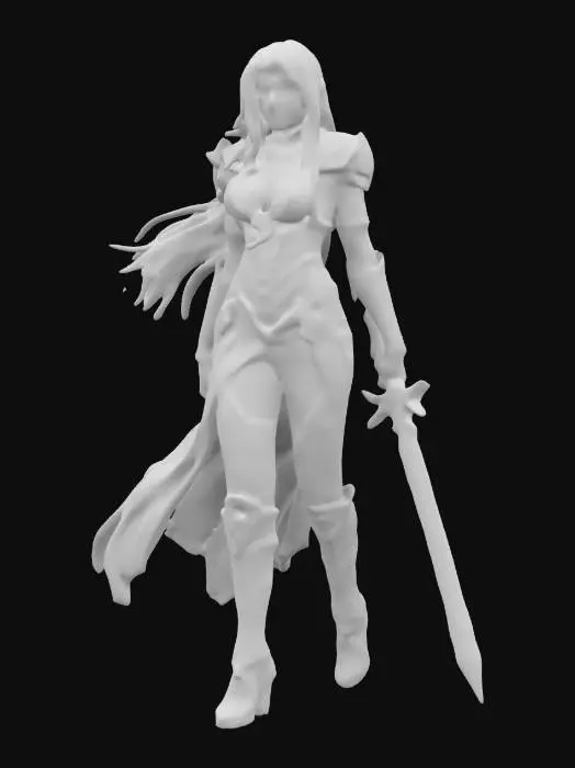 3D model for fantasy female warrior, slim graceful body, leaning with both hands on sword in forward bend with looking forward, pretty sweet face, dressed in roba, extremely detailed, high resolution texture epic stance
