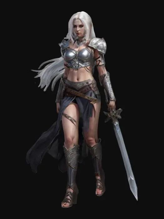 3D model for fantasy female warrior, slim graceful body, leaning with both hands on sword in forward bend with looking forward, pretty sweet face, dressed in roba, extremely detailed, high resolution texture epic stance