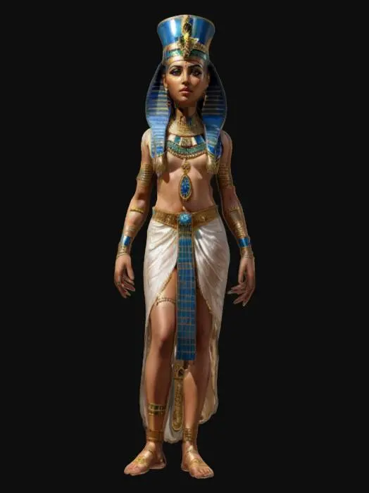 3D model for history female pharaoh cleopatra, noble graceful body, ancient egyptian clothing, long combed decorated hair, light brown skin decorated with symbols, highly detailed beautiful face, extremely details, high resolution texture, epic royal stance, #women#