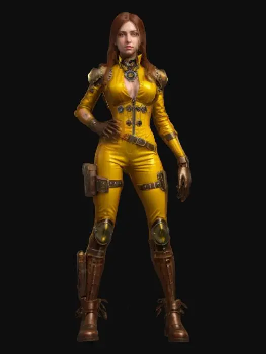 3D model for fantasy steampunk female technologist, slim graceful body, arms around body or on hips or resting on torso, dressed in steampunk style jumpsuit, various devices with alarms attached to body, devices slightly glowing, pensive stance, long or short but groomed hair, extremely detailed, high resolution texture, epic stance, #women#