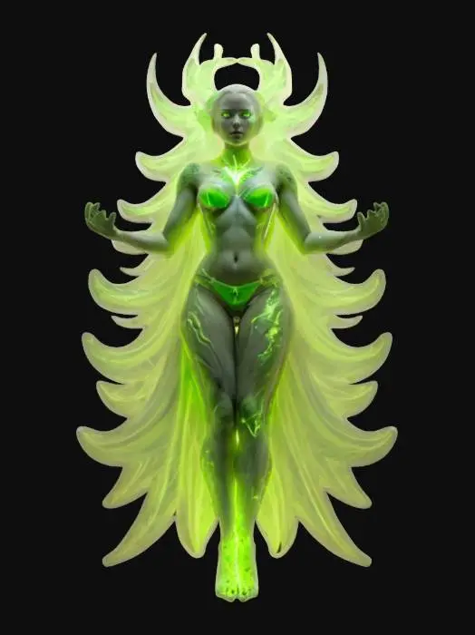 3D model for female supernatural queen elemental, her entire body levitates in the air and radiates energy, a bright glow comes out from behind her back, her body is alabaster white, highly detailed beautiful face, extremely details, high resolution texture, epic stance, #women#