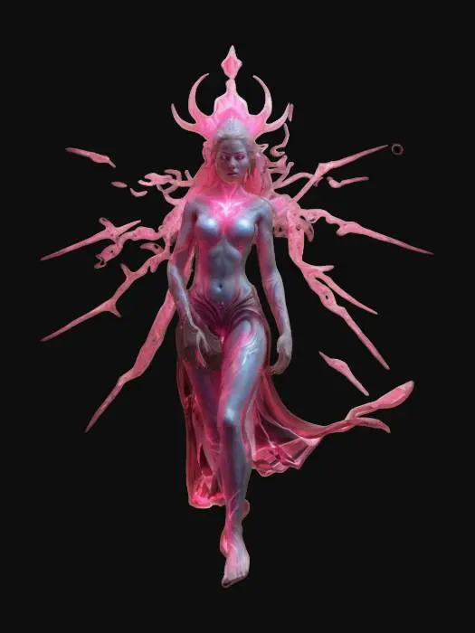 3D model for female supernatural queen elemental, her entire body levitates in the air and radiates energy, a bright glow comes out from behind her back, her body is alabaster white, highly detailed beautiful face, extremely details, high resolution texture, epic stance, #women#