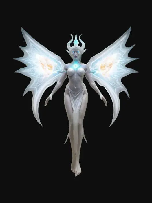 3D model for female supernatural queen elemental, her entire body levitates in the air and radiates energy, a bright glow comes out from behind her back, her body is alabaster white, highly detailed beautiful face, extremely details, high resolution texture, epic stance, #women#