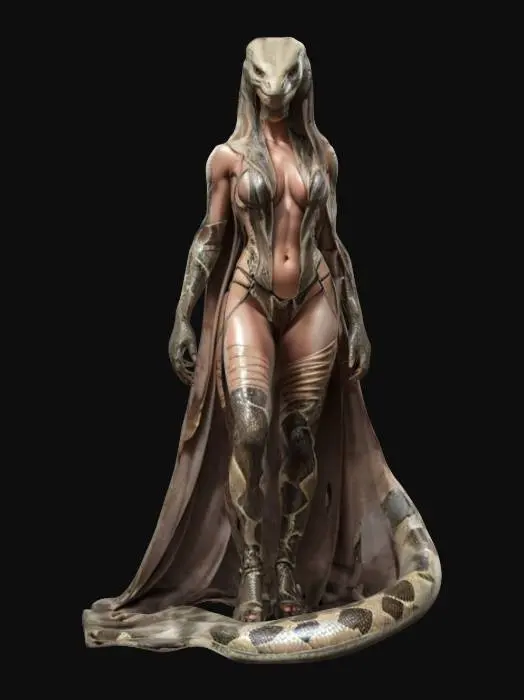 3D model for fantasy female humanoid cobra, elegant body with graceful curves, body covered in snakeskin, torn robe, delicate face with high details, extremely detailed high resolution texture, epic stance, #women#