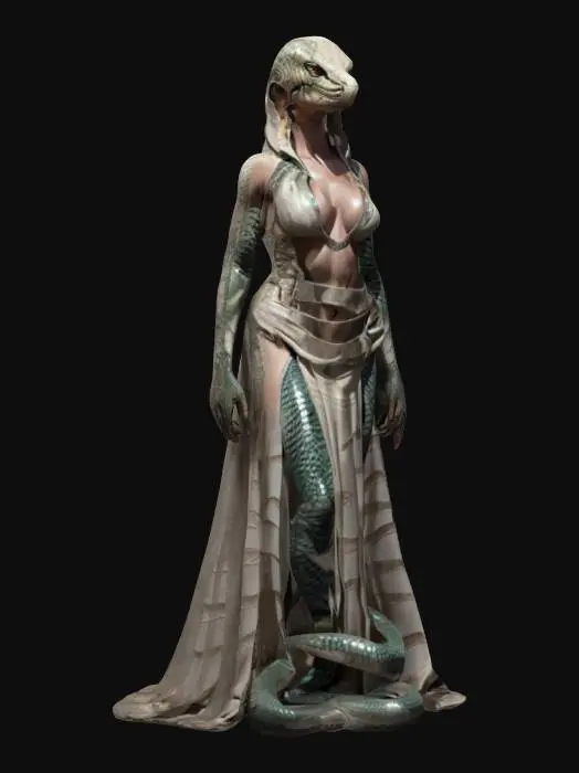 3D model for fantasy female humanoid cobra, elegant body with graceful curves, body covered in snakeskin, torn robe, delicate face with high details, extremely detailed high resolution texture, epic stance, #women#