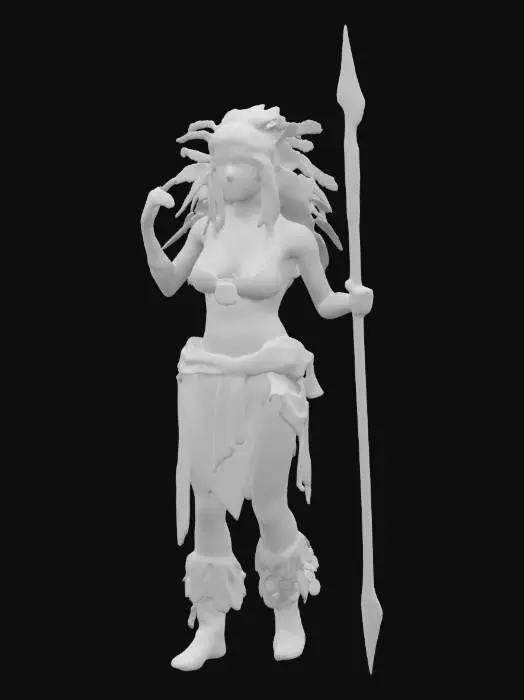 3D model for fantasy Native Americans female warrior, slim and tall body, brown red skin covered with tattoos, Native Americans clothing, body adorned with jewelry, spear in hand, small headband on the head, high detail of face, extremely details, high resolution texture, epic stance, #women#