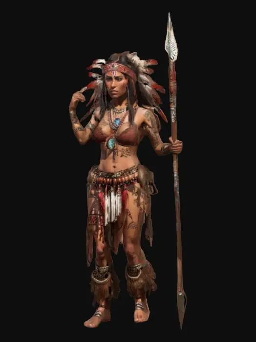 3D model for fantasy Native Americans female warrior, slim and tall body, brown red skin covered with tattoos, Native Americans clothing, body adorned with jewelry, spear in hand, small headband on the head, high detail of face, extremely details, high resolution texture, epic stance, #women#