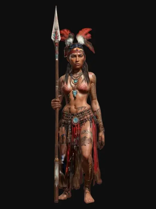 3D model for fantasy Native Americans female warrior, slim and tall body, brown red skin covered with tattoos, Native Americans clothing, body adorned with jewelry, spear in hand, small headband on the head, high detail of face, extremely details, high resolution texture, epic stance, #women#