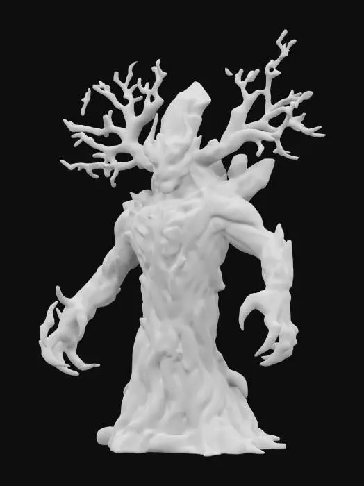 3D model for fantasy forest rock elemental, body made of a large crystal that surrounds a tree with dry branches, small crystals are ingrown all over the body, menacing face, hands made of dry branches with long claws, extremely details, high resolution texture, epic stance