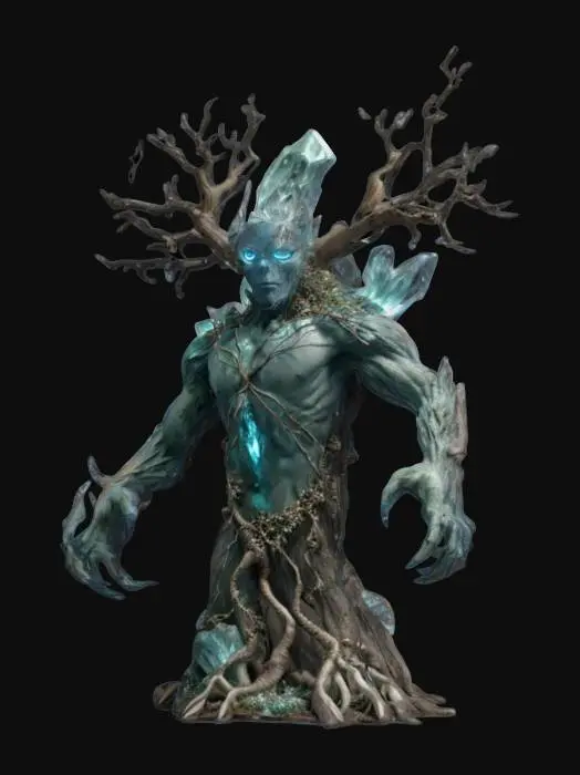 3D model for fantasy forest rock elemental, body made of a large crystal that surrounds a tree with dry branches, small crystals are ingrown all over the body, menacing face, hands made of dry branches with long claws, extremely details, high resolution texture, epic stance