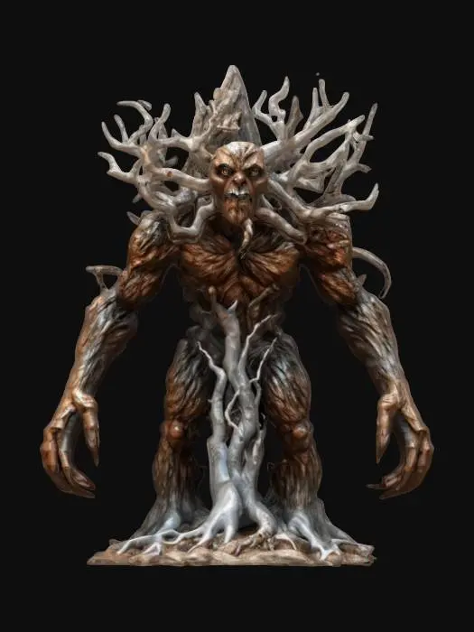 3D model for fantasy forest rock elemental, body made of a large crystal that surrounds a tree with dry branches, small crystals are ingrown all over the body, menacing face, hands made of dry branches with long claws, extremely details, high resolution texture, epic stance