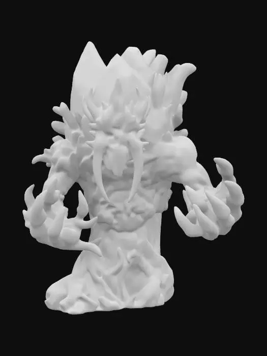 3D model for fantasy forest rock elemental, body made of a large crystal that surrounds a tree with dry branches, small crystals are ingrown all over the body, menacing face, hands made of dry branches with long claws, extremely details, high resolution texture, epic stance