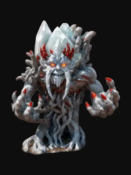 3D model for fantasy forest rock elemental, body made of a large crystal that surrounds a tree with dry branches, small crystals are ingrown all over the body, menacing face, hands made of dry branches with long claws, extremely details, high resolution texture, epic stance