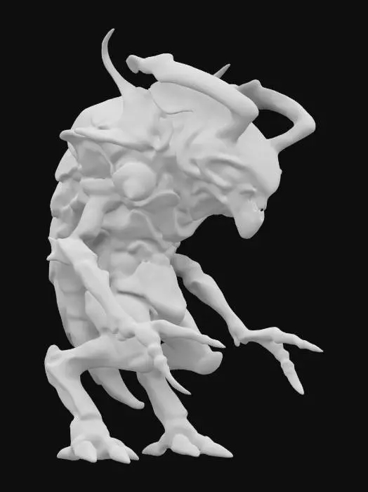 3D model for space enemy alien, beetle-like body with lots of folds, body covered in metal-plastic, dark look and beetle-like large mouth, technological clothing, body parts glowing, extremely details, high resolution texture, epic stance