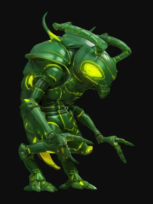 3D model for space enemy alien, beetle-like body with lots of folds, body covered in metal-plastic, dark look and beetle-like large mouth, technological clothing, body parts glowing, extremely details, high resolution texture, epic stance